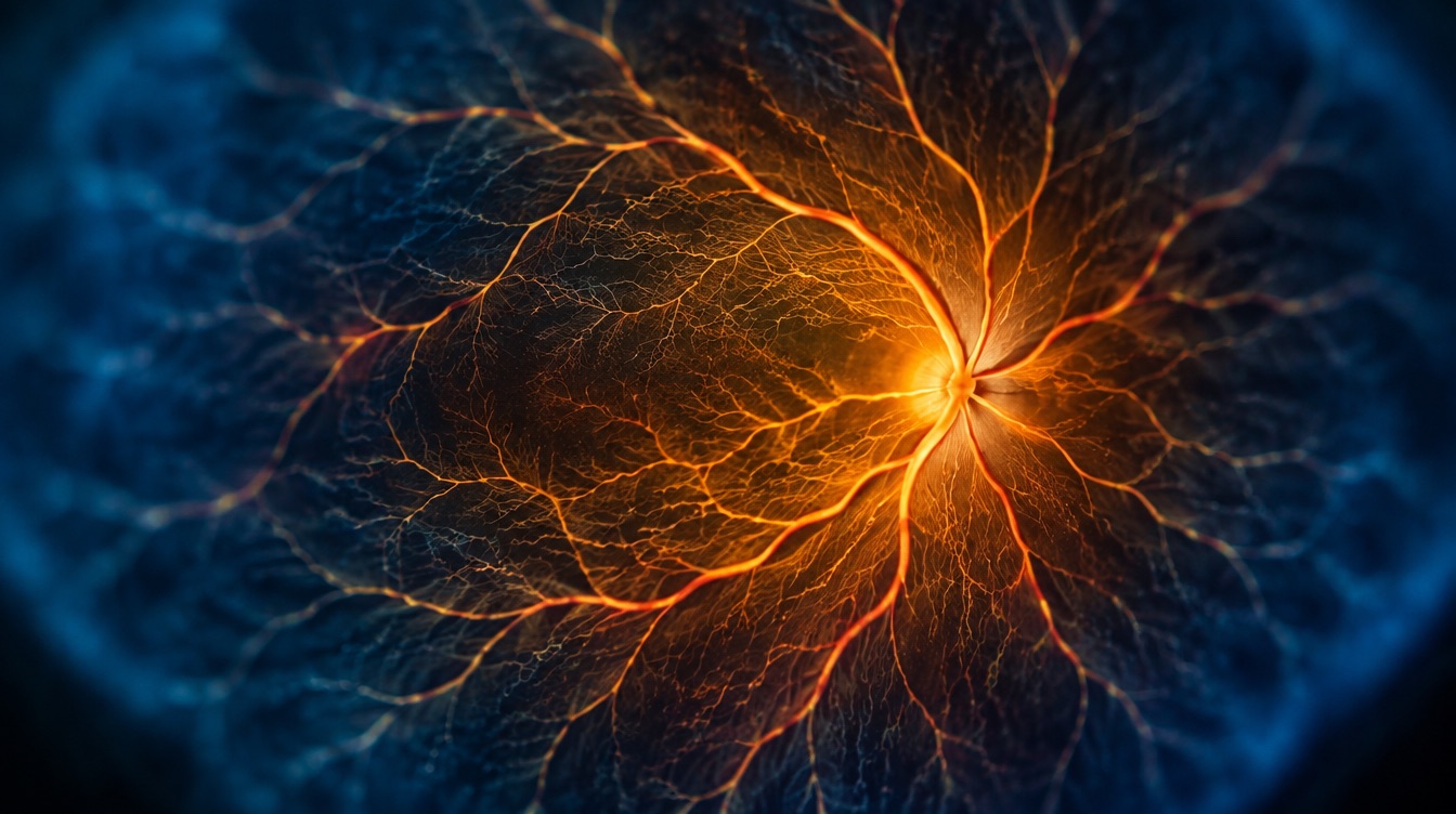Abstract image of fine branching blood vessels glowing against a dark field, used here to illustrate retinal circulation.