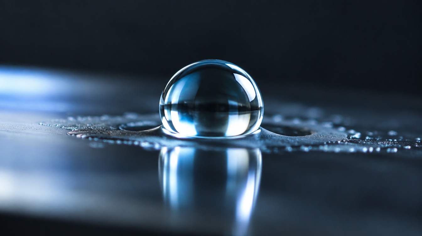 Macro image of a water droplet on glass catching cool blue light, used here to illustrate the tear film.