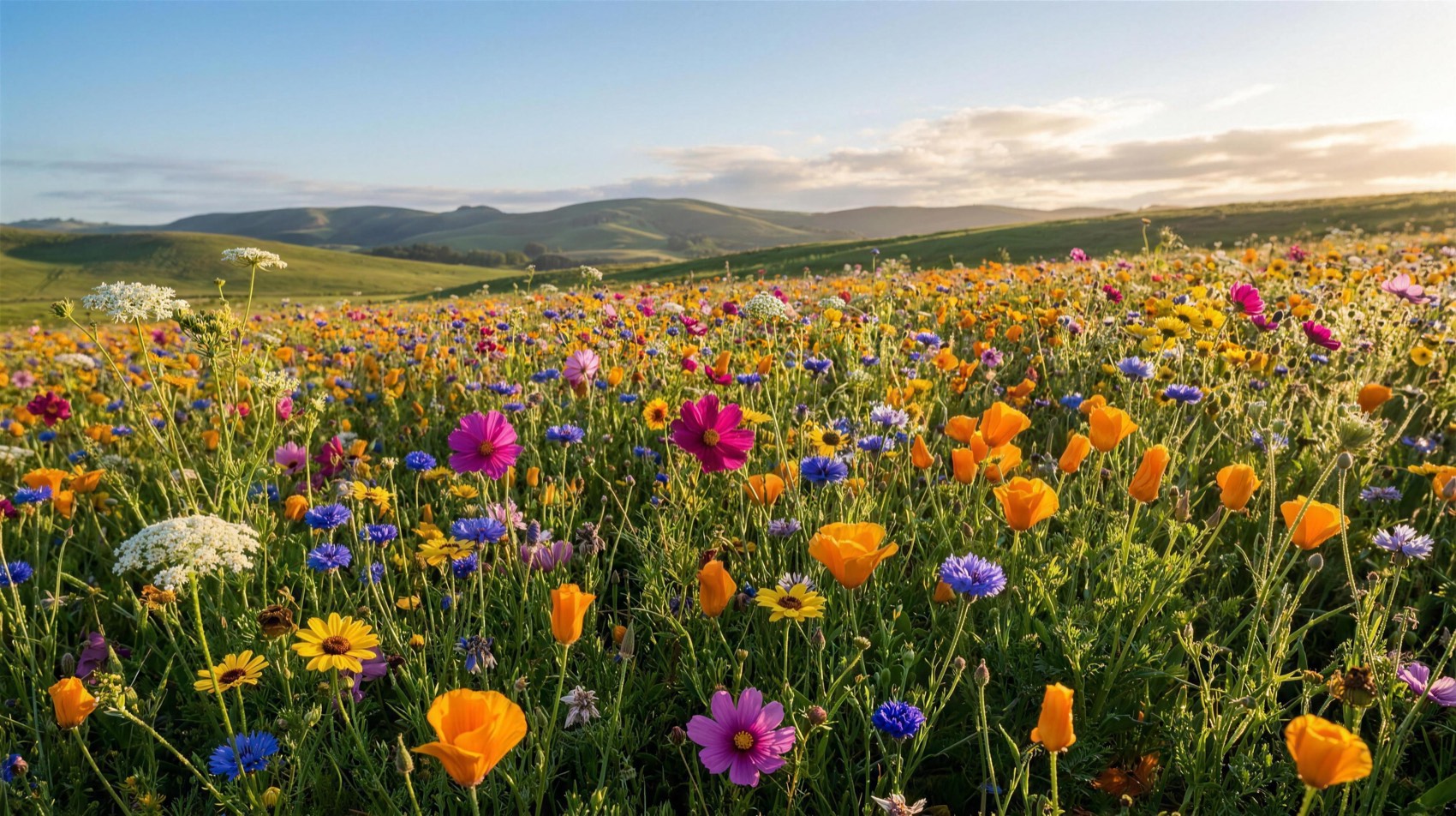 A sunlit meadow of orange poppies, blue cornflowers and pink cosmos in sharp, vivid focus